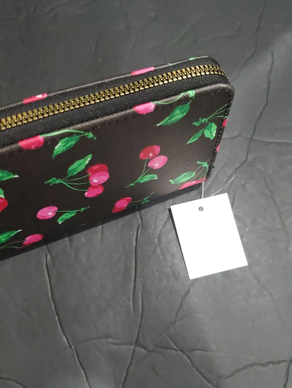 Black and pink cherry printed zip around long wallet with cherry charm brand new